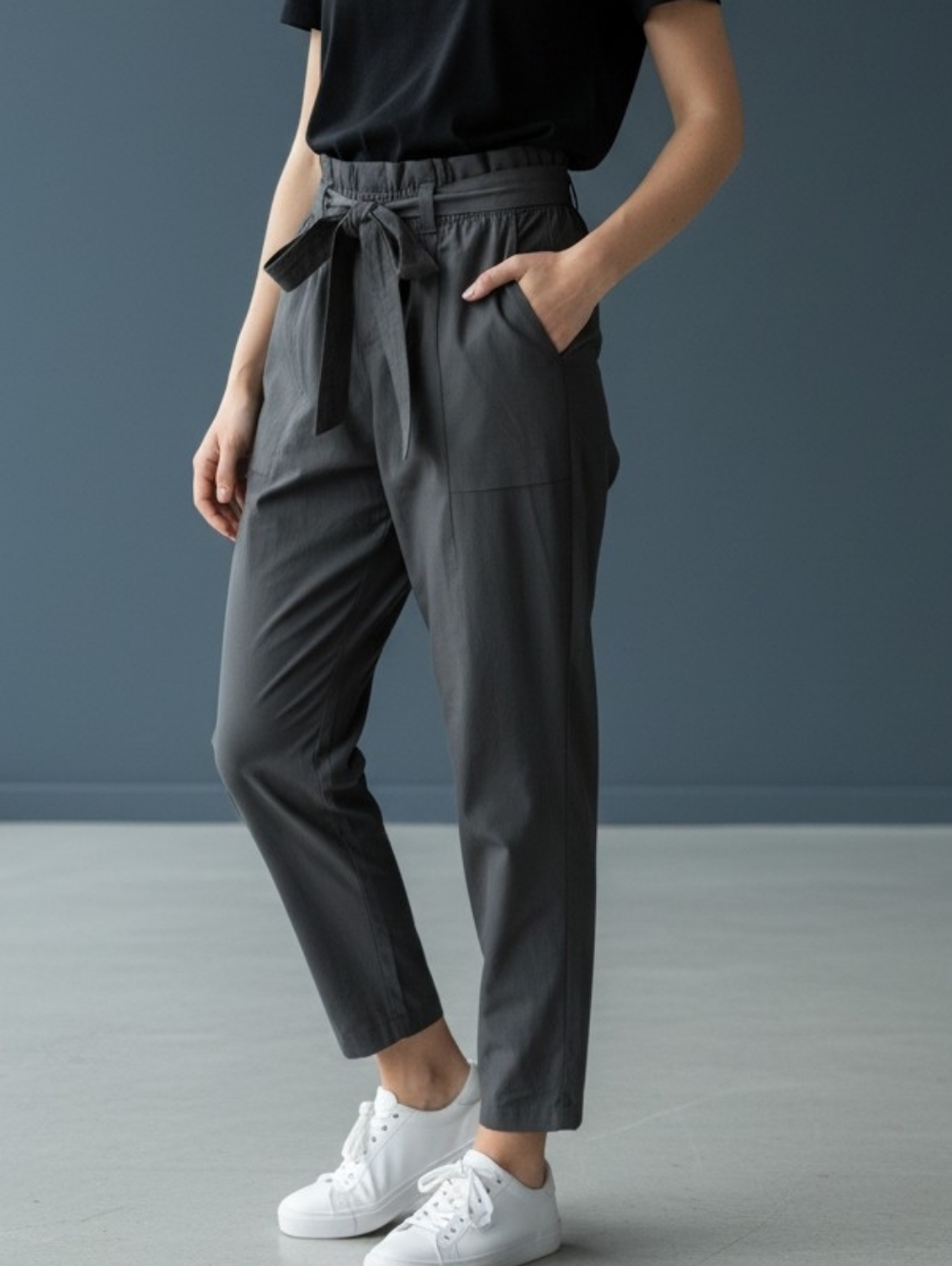 Athleta Gray Cargo Tapered Paperbag Pants with Self Tie